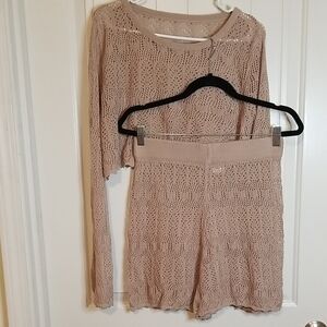 Tan Crochet Knit Top and Shorts Set Swimsuit Coverup NWOT Size Large